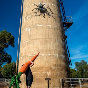 Image Credit: Snowman Killer by Clare McCracken, 2017. A performance work exploring the relationship between rural and urban Australia through Big Things. Photograph by Andrew Ferri